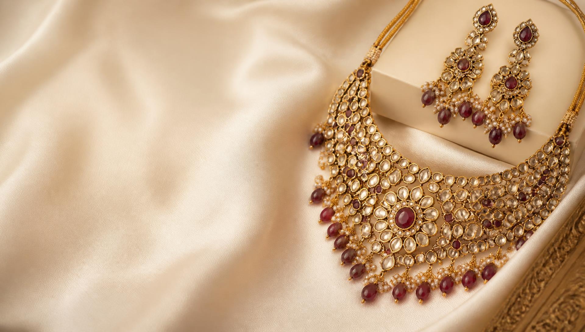 Kundan bridal necklace set on ivory silk